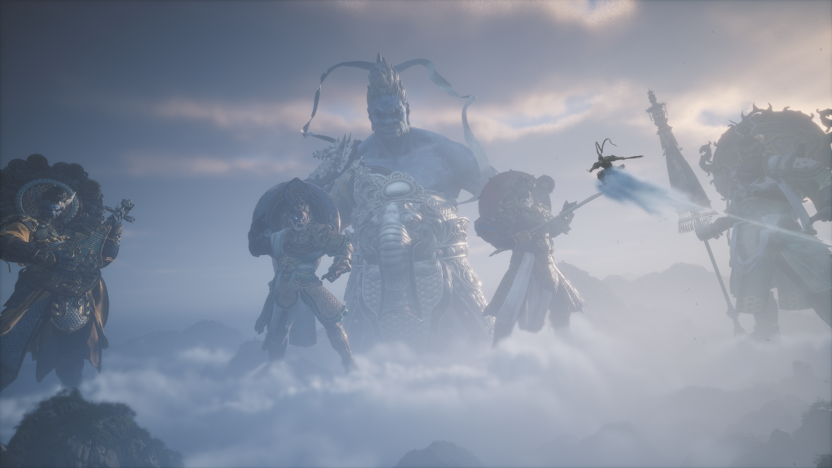 Image of several spirits standing amongst the clouds overlooking mountains in Black Myth: Wukong