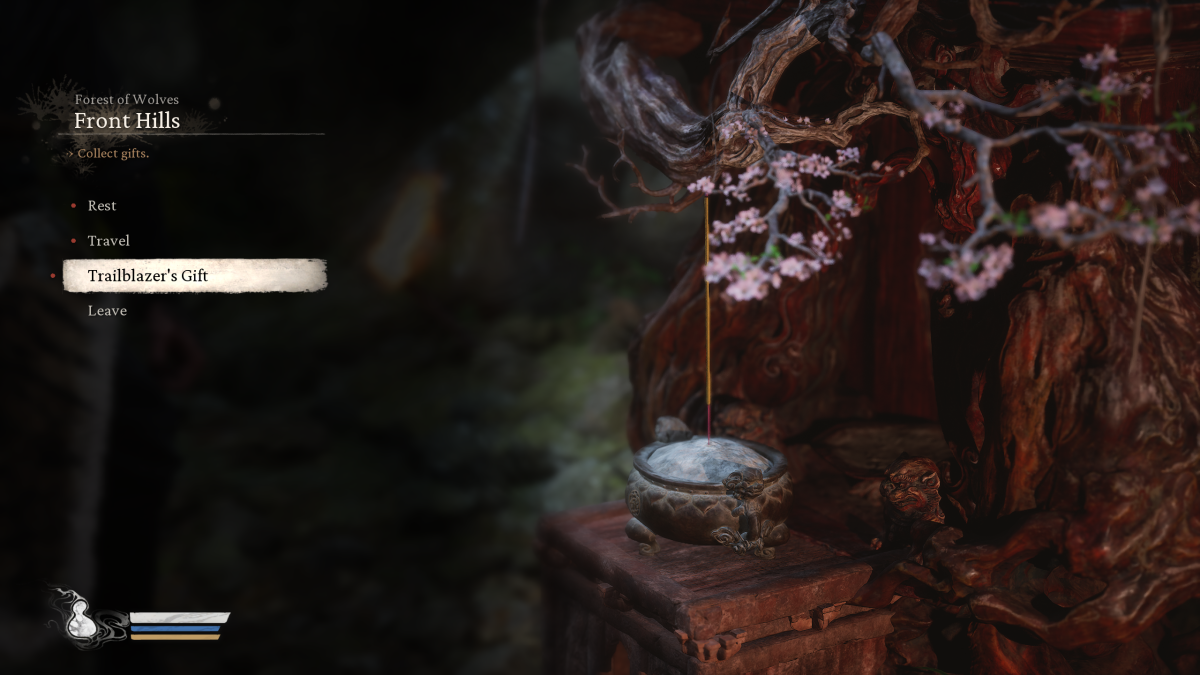 The save, level, and fast travel menu in Black: Myth Wukong, featuring an incense stick in an iron container.