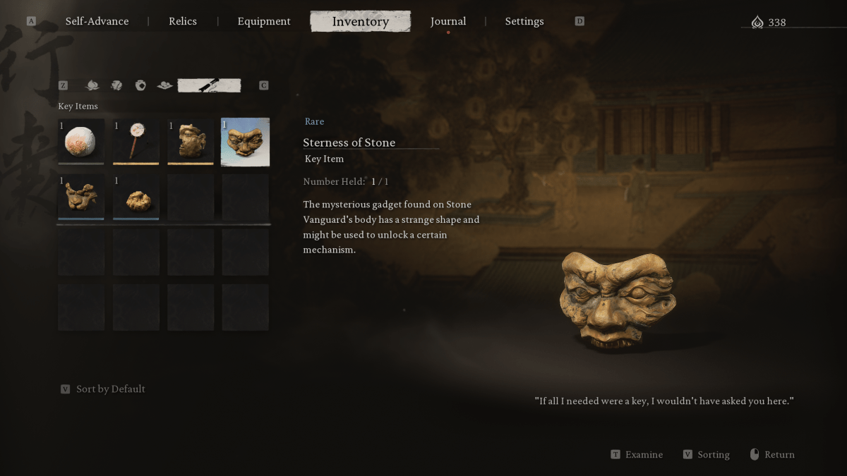 Image of the menu in Black Myth: Wukong with the item Sterness of Stone selected, revealing it to be a mask like gadget