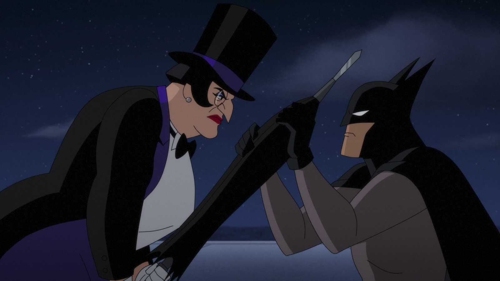 Batman fighting Oswalda Cobblepot/The Penguin in Batman: Caped Crusader Season 1