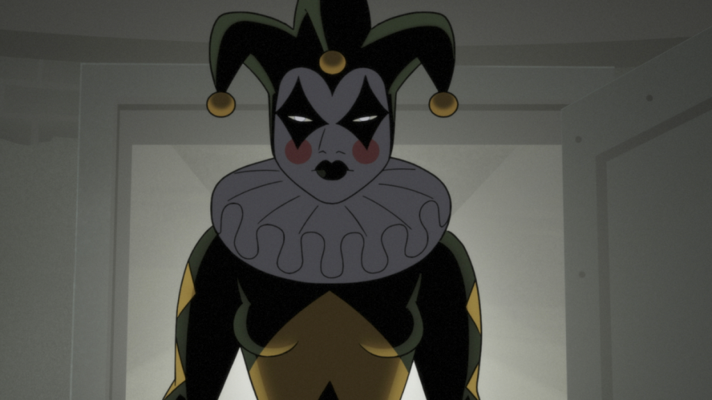 Harley Quinn's introduction in Batman: Caped Crusader Season 1, with her wearing a jester ensemble, her face covered in shadows