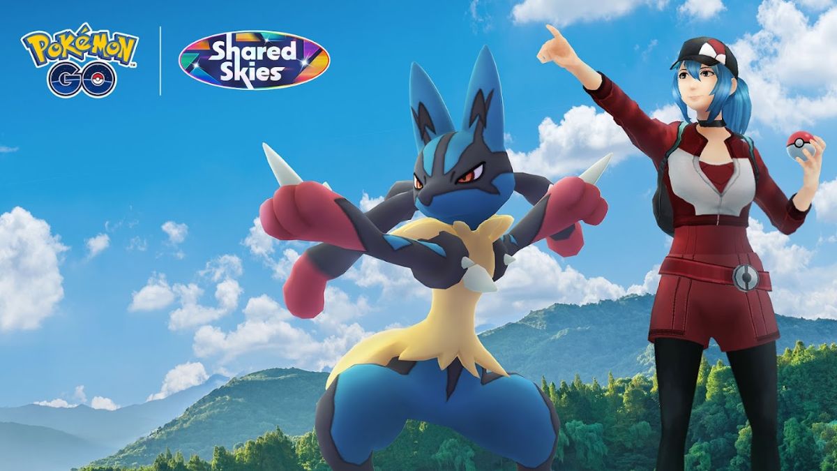 Image of Lucario and a Pokemon GO avatar, headed into battle