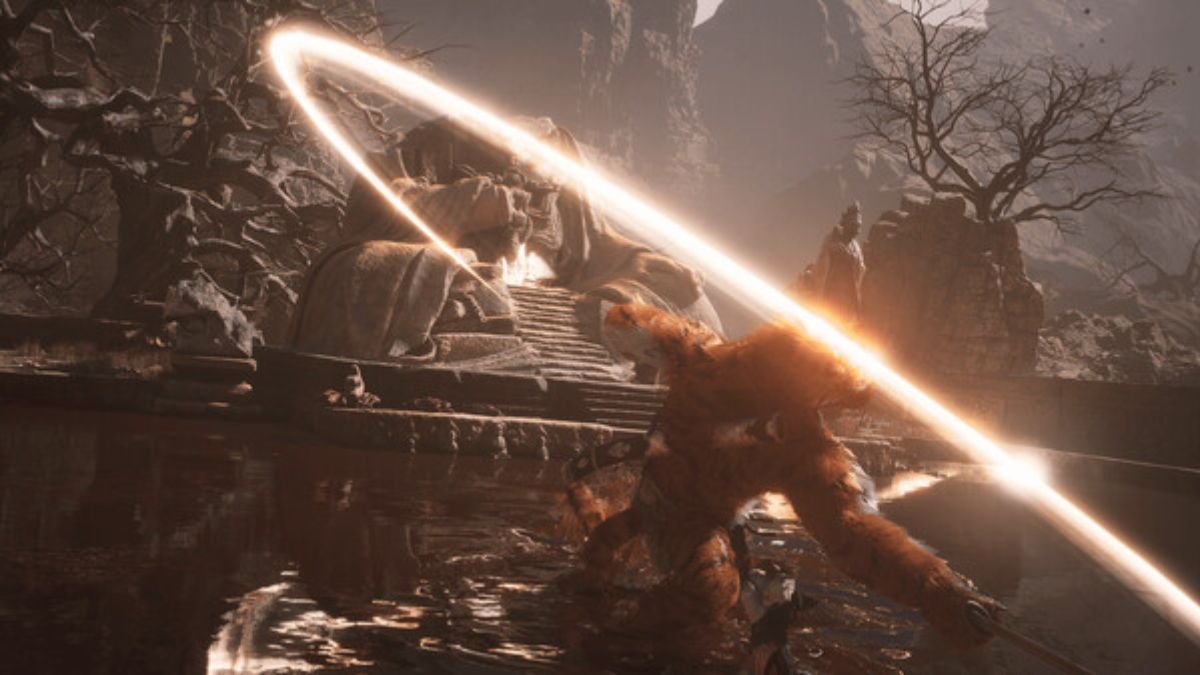 Screenshot showing gameplay from Black Myth: Wukong, featuring combat