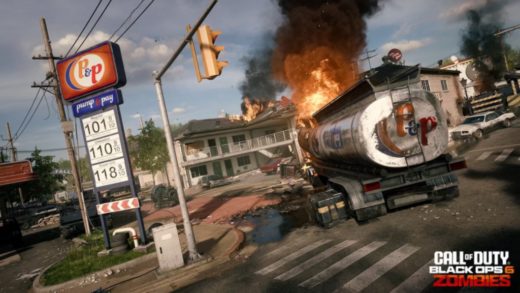 COD black ops 6 zombies image of a flaming tankard taking a left turn on a ravaged street