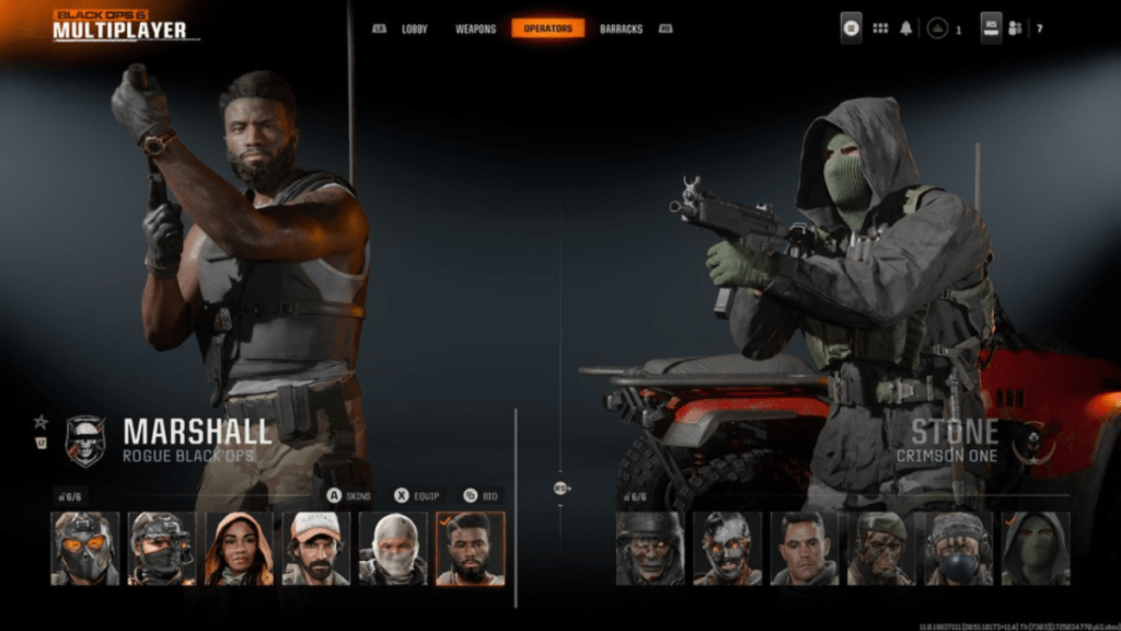 Two operators stand on the multiplayer select screen in Black Ops 6, showcasing a man with a gun wearing a tank top and a person with a jacket and mask 