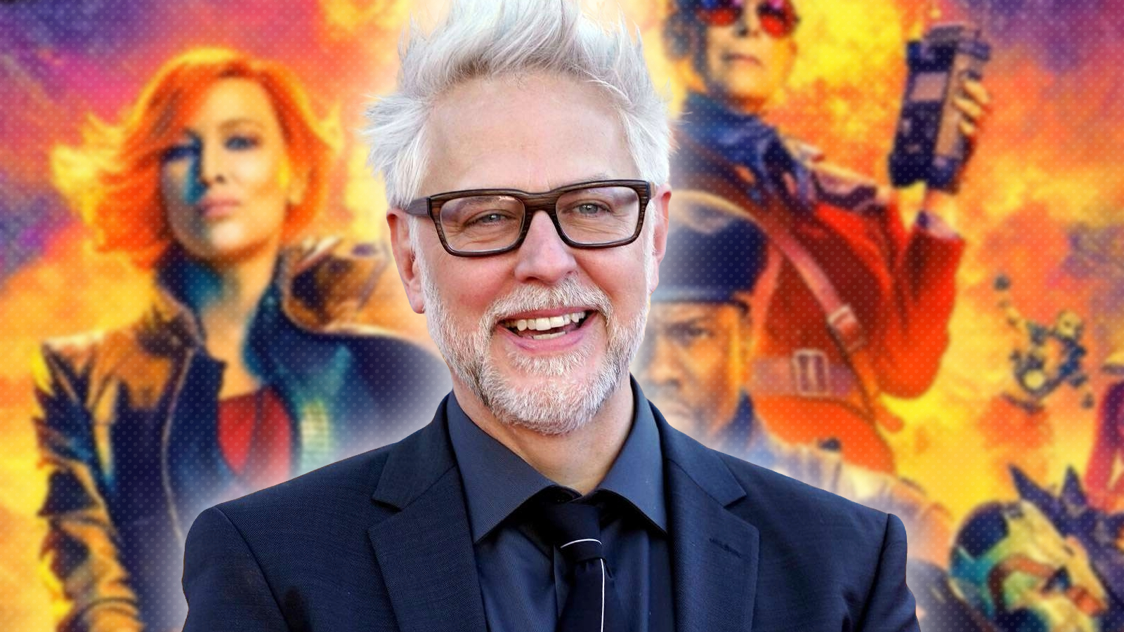 A still of James Gunn combined with cropped and reworked key art for Borderlands