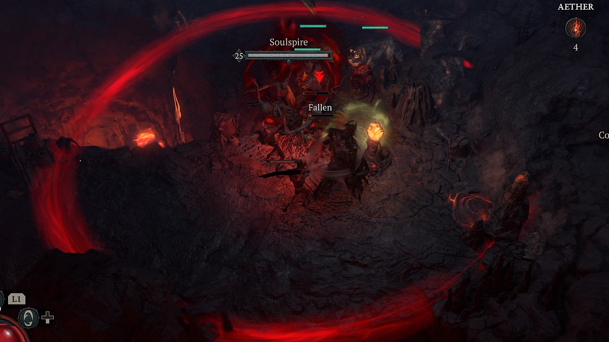 Image of the player fighting in a bleak environment with enemies and a crimson circle in  Diablo 4 - Soulspire destruction in Diablo 4.