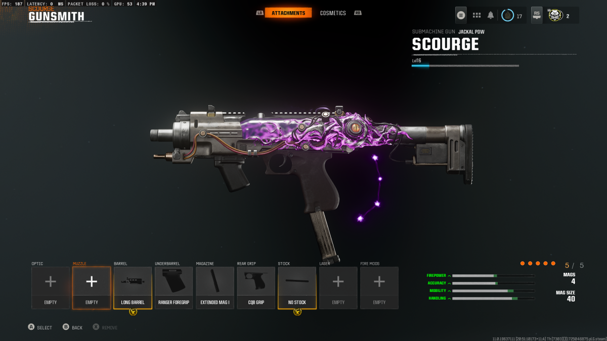 Image of the Jackal PDW in Black Ops 6 (BO6) in the gunsmith menu with the Scourge print equipped