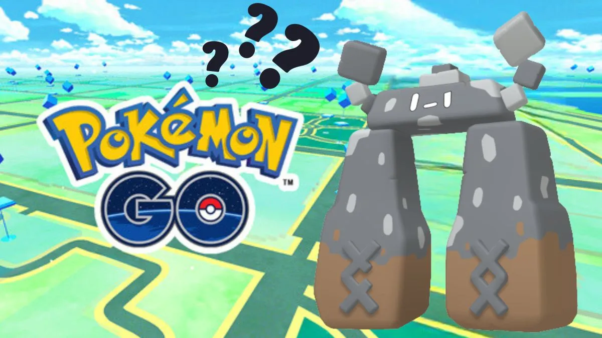 Image of a Shiny Stonjourner standing on the Pokemon GO map, with question marks next to it