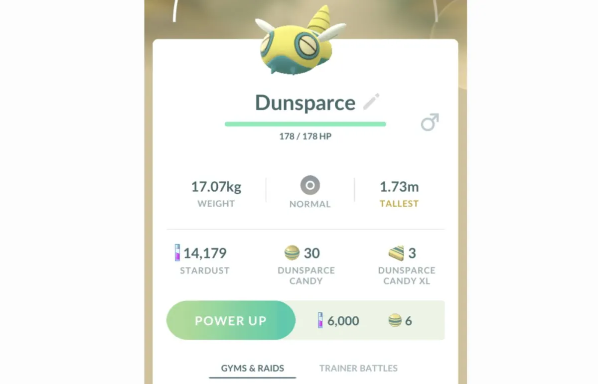 Screenshot showing a Dunsparce in Pokemon GO