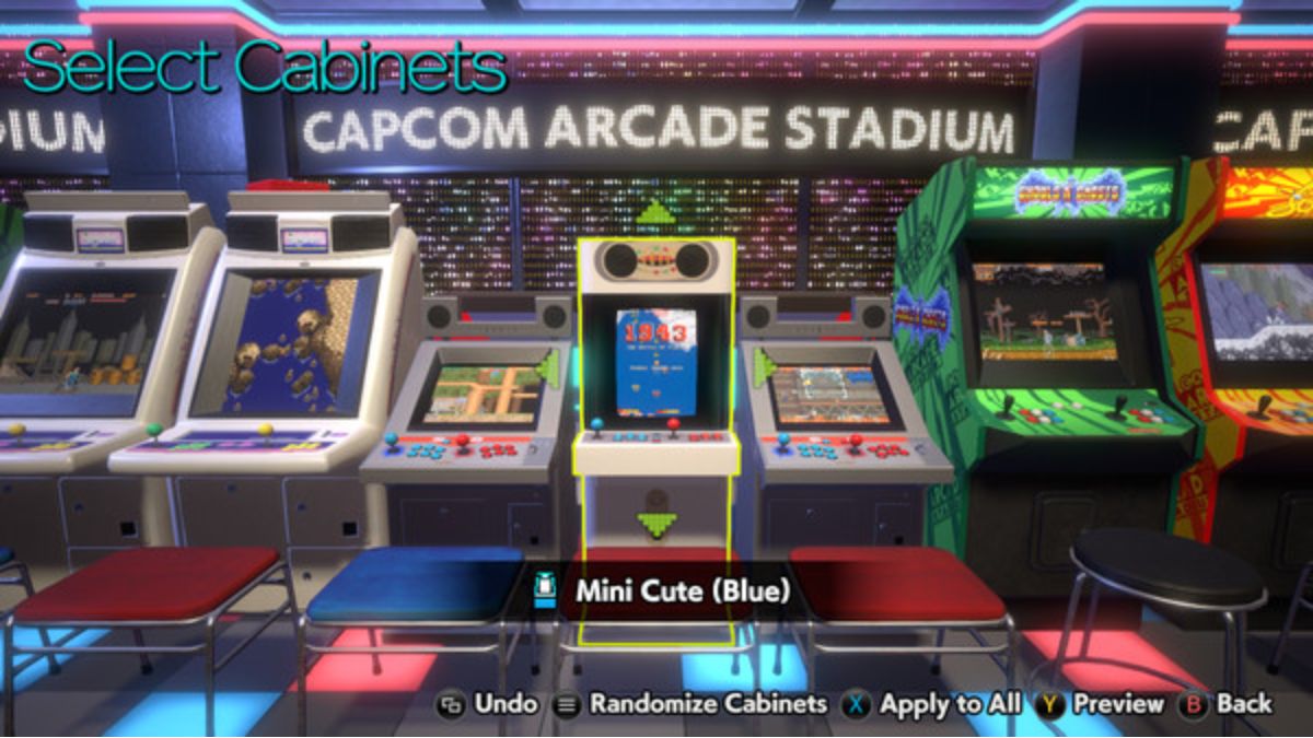 Screenshot of the 3D arcade from the game Capcom Arcade stadium, featuring a line of colorful arcade games