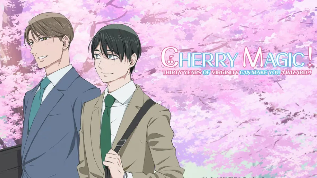 Cherry Magic! romance anime cover image with two men standing in front of a cherry blossom tree