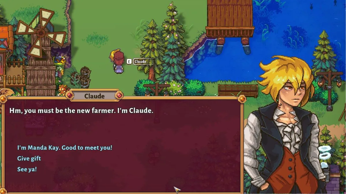 Screenshot from Sun Haven, showing Claude introducing himself to the player character