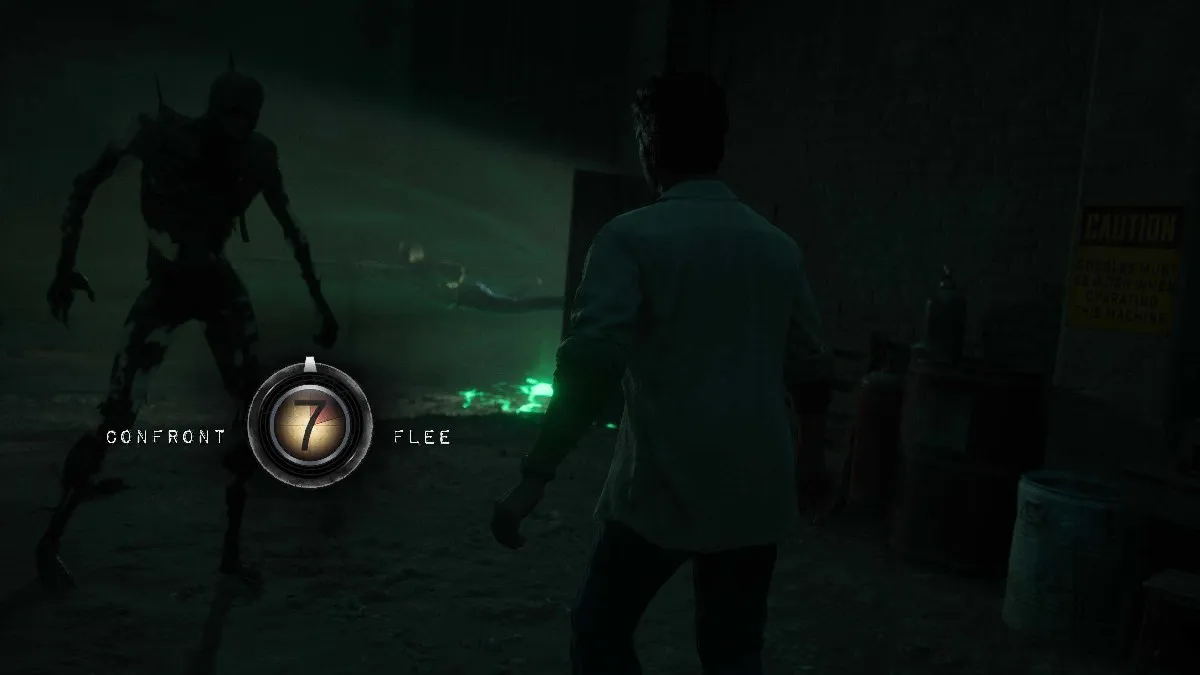 A dark shadowy apparition stands in green light in front of a player character in The Casting of Frank Stone, with the options "confront" or "flee" presented on the screen