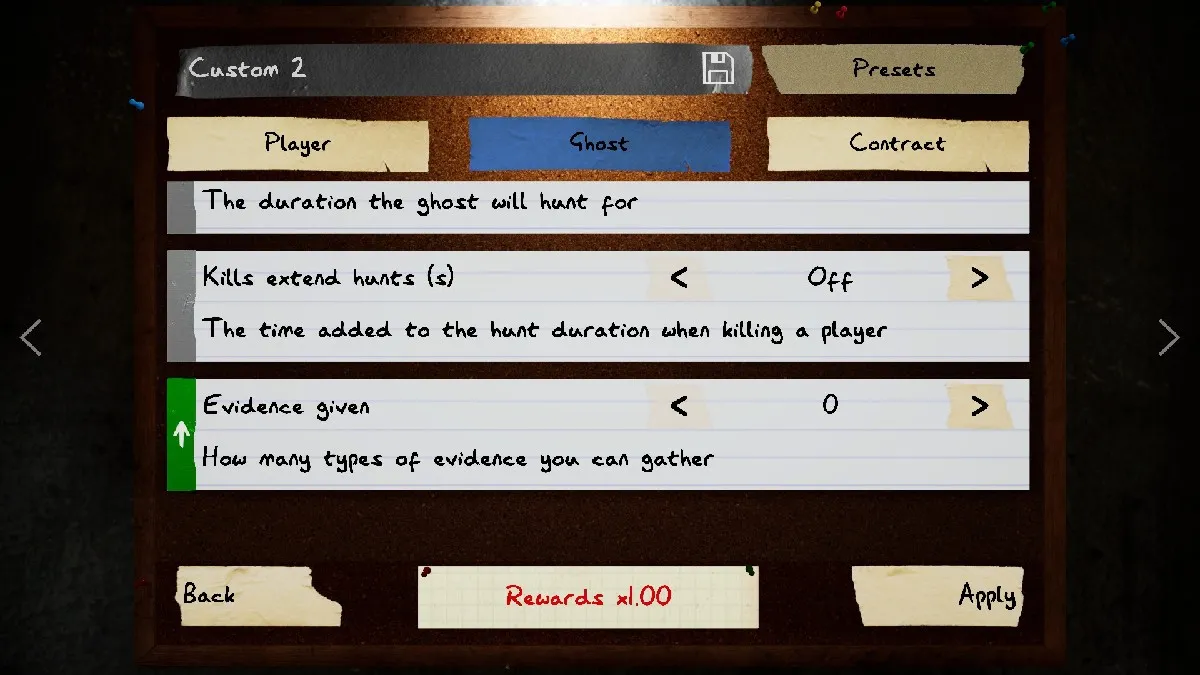 An image of a Zero Evidence Hunt in Phasmophobia, featuring a menu screen with an option to change the game type to a no evidence hunt