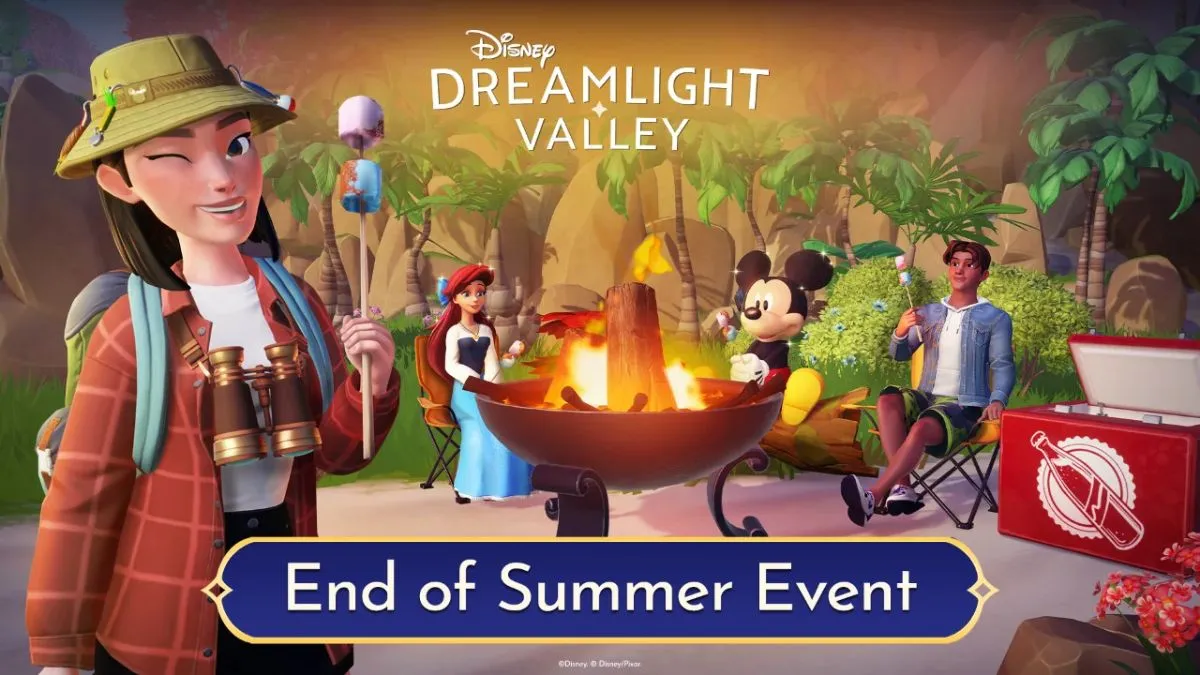 Banner for the Disney Dreamlight Valley end of summer event, featuring an avatar in camping gear holding up some roasted marshmallows