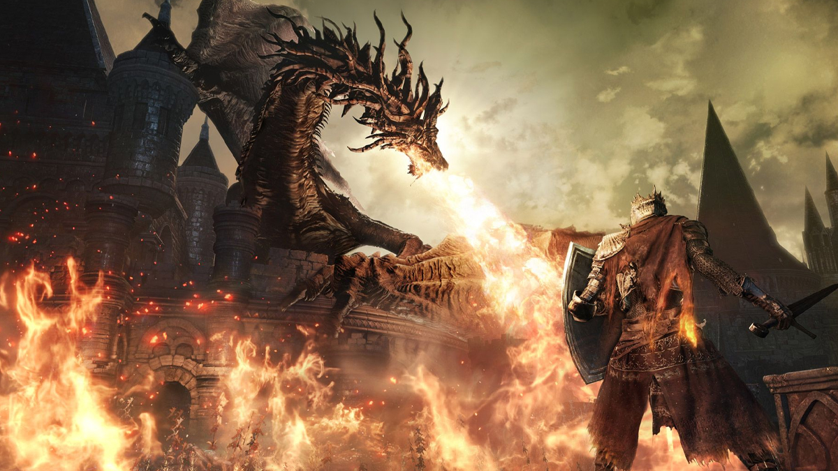 Fromsoftware's Dark Souls 3 press image of dragon breathing fire at knight