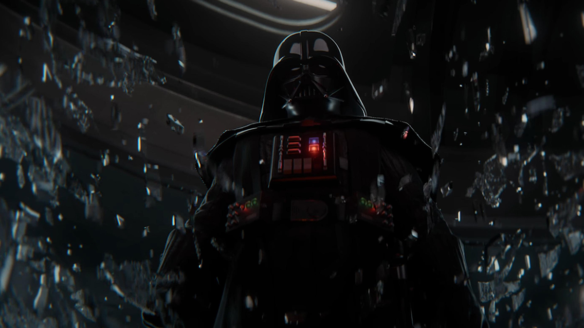 Darth Vader stands amongst shattered glass in Star Wars outlaws