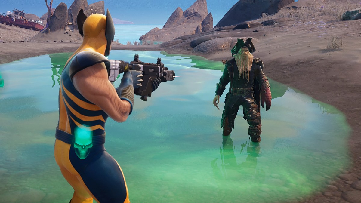 Image of Wolverine standing in a pool of water aiming an SMG at Davy Jones in Fortnite