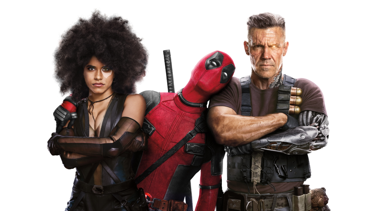 Deadpool hugging Domino and Cable in promo art for Deadpool 2