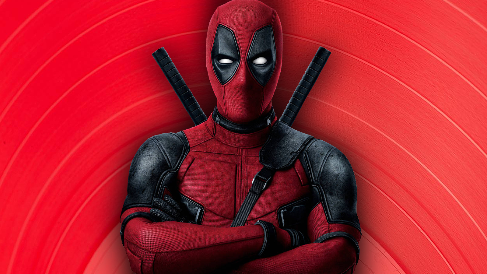 Key art of Deadpool combined with a stock image of a red vinyl LP