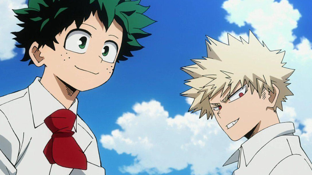 Deku and Bakugo smiling in My Hero Academia anime