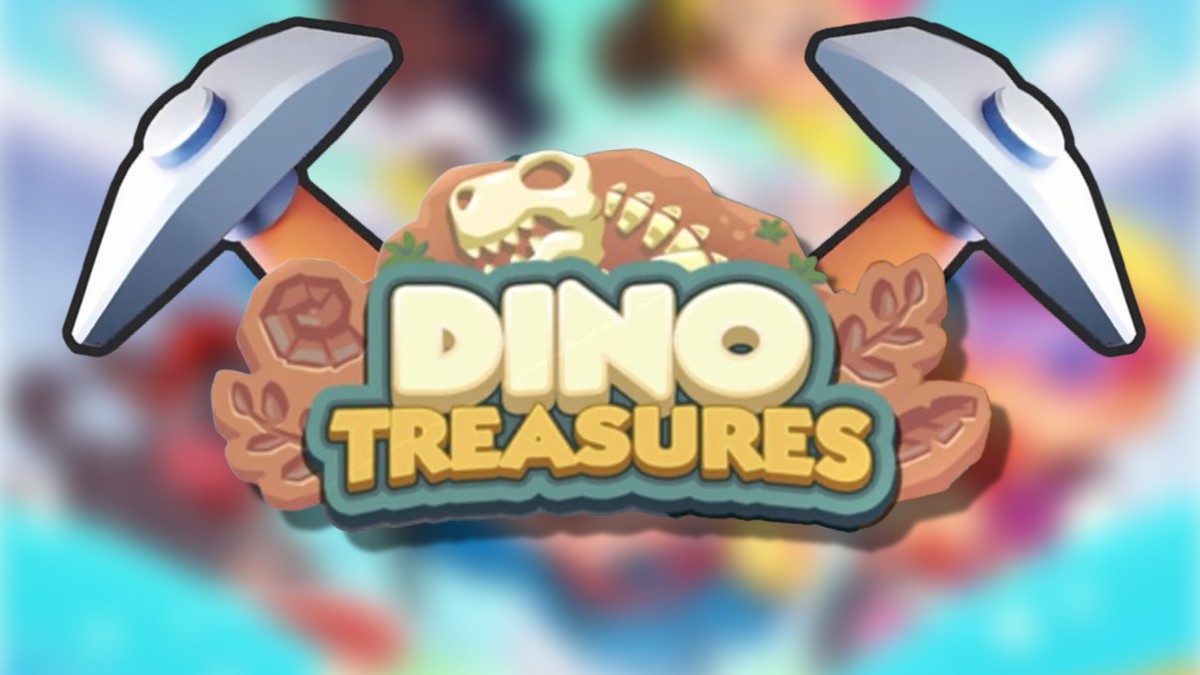 The Dino Treasures Dig Event logo on top of two pickaxes above a blurred Monopoly GO background in an article detailing how to get more pickaxes for the event