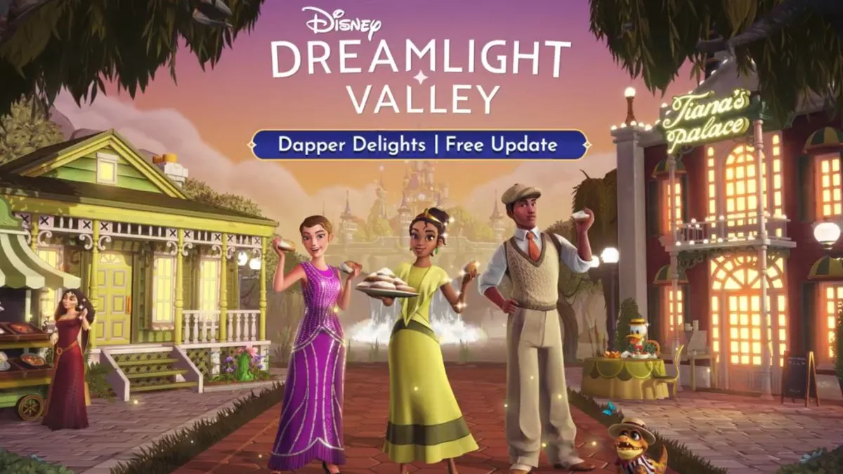 Image for the Dapper Delights update to Disney Dreamlight Valley featuring new character Tiana and some of the new buildings and clothing items