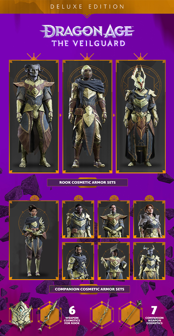 Image of the Dragon Age: The Veilguard promotion image, which includes an assortment of cosmetics for the companions 