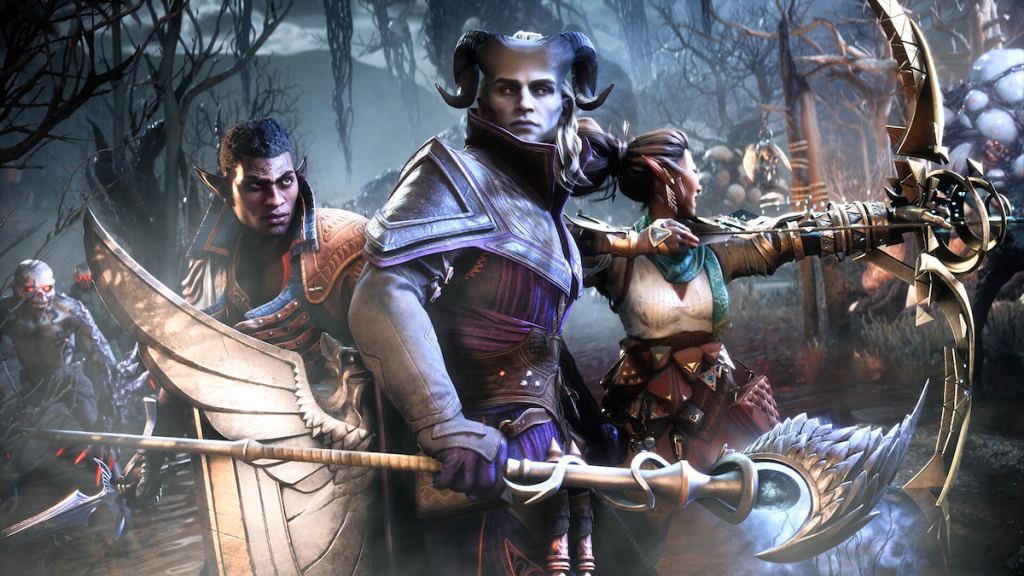 A Qunari leads elves against the undead