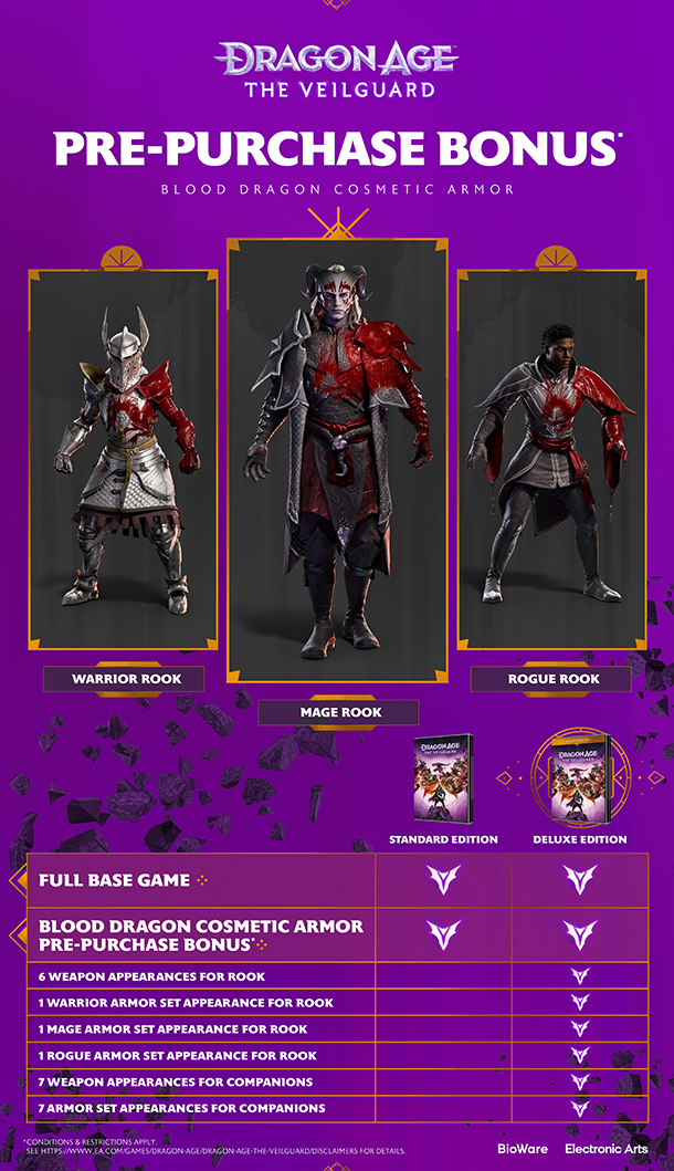 Promotion image of the pre-purchase items for Dragon Age: The Veilguard which includes three cosmetics for Rook