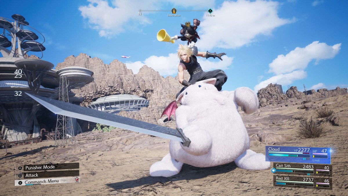 Final Fantasy 7 Rebirth screenshot of Cait Sith's moogle using Cloud's Buster Sword as Cloud and Cait Sith ride atop it.