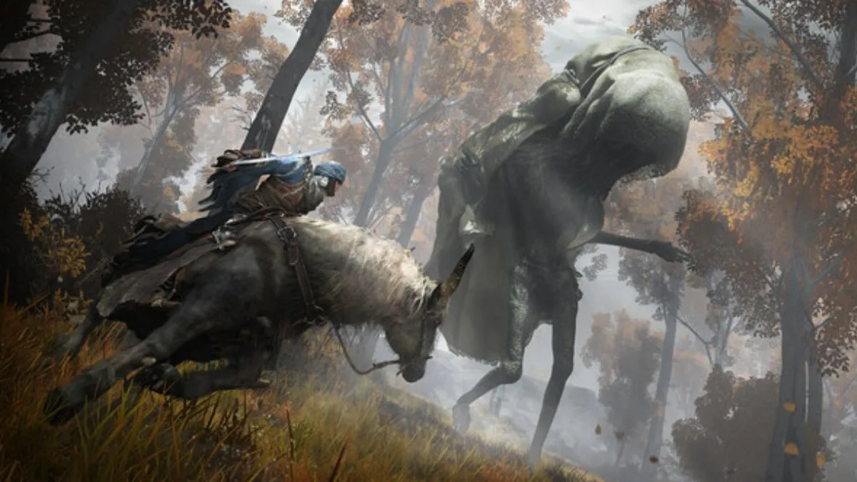 Elden Ring gameplay screenshot featuring a character on a horse facing off against a giant and terrifying monster