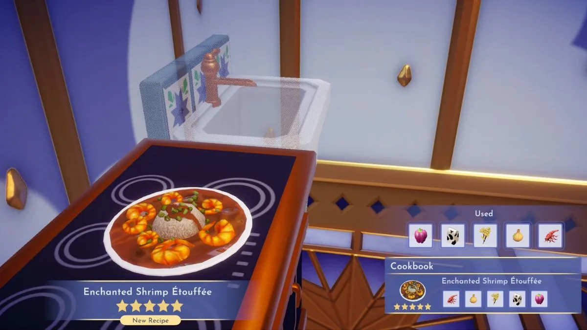 Screenshot of a finished Enchanted Shrimp Etouffee dish in Disney Dreamlight Valley