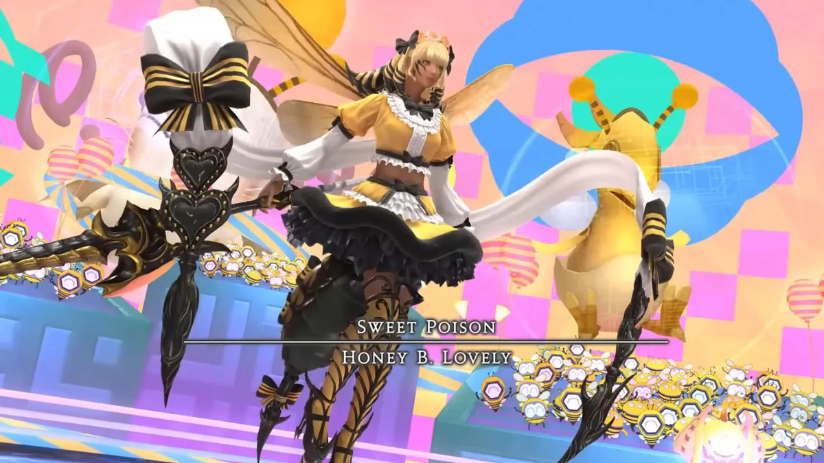 Image of Honey B. Lovely brandishing her spear in a colorful arena in FFXIV