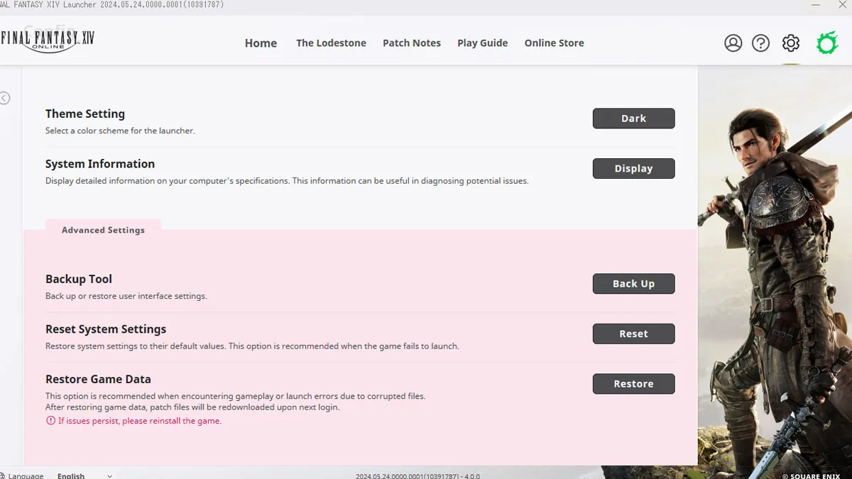 Image of the FFXIV launcher menu, displaying system information and reset system settings