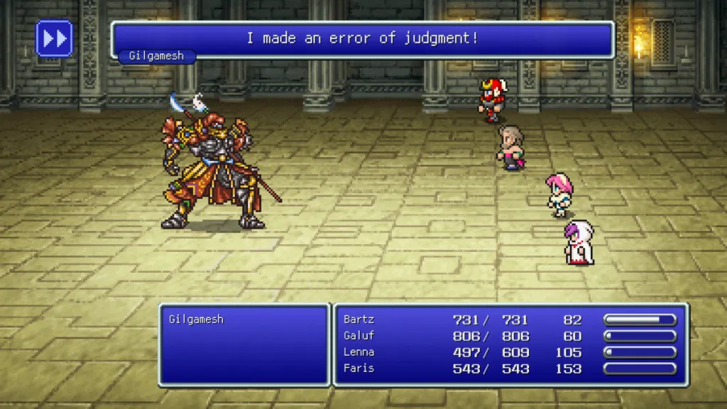 Final Fantasy Pixel Remaster screenshot of Bartz, Galuf, Lenna, and Faris battling Gilgamesh in FF5.