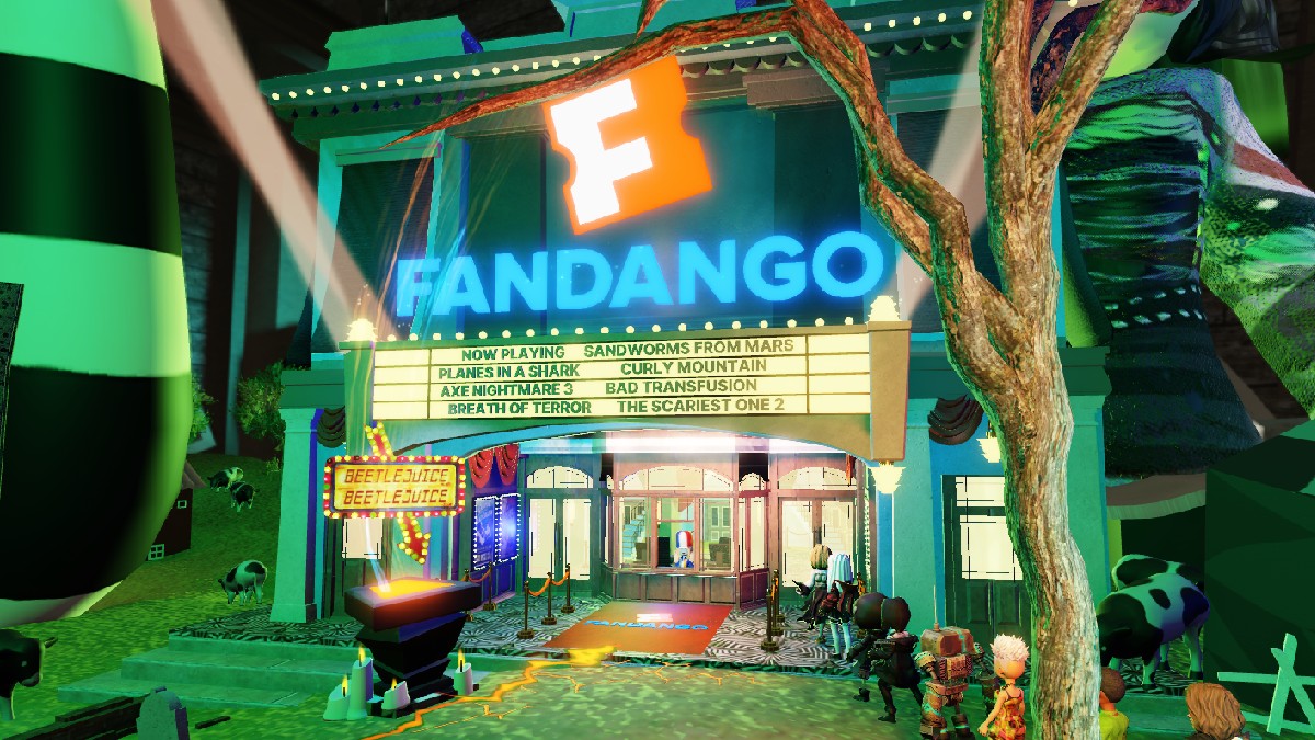 A photo of the Fandango theater in Beetlejuice: Escape the Afterlife, a Roblox experience that lets players purchase movie tickets inside of it