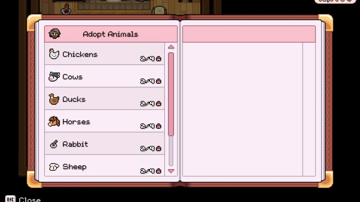 Fields of Mistria screenshot of the animal adoption menu at Hayden's Shop