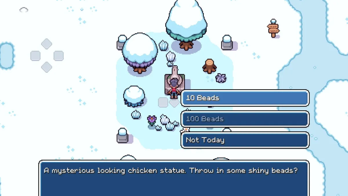 Fields of Mistria screenshot of the player character donating shiny beads to the chicken statue on sweetwater farm.