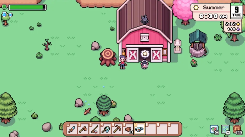 Fields of Mistria screenshot of the player character calling animals outside the barn