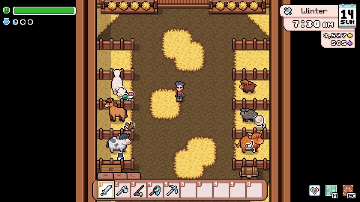 Fields of Mistria screenshot of barn animals dropping materials, including shiny beads.