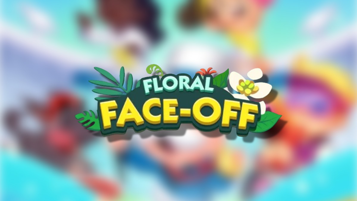 The Floral Face-Off Logo on top of a blurred Monopoly GO Background in an article detailing all of the rewards and milestones players can receive during the tournament