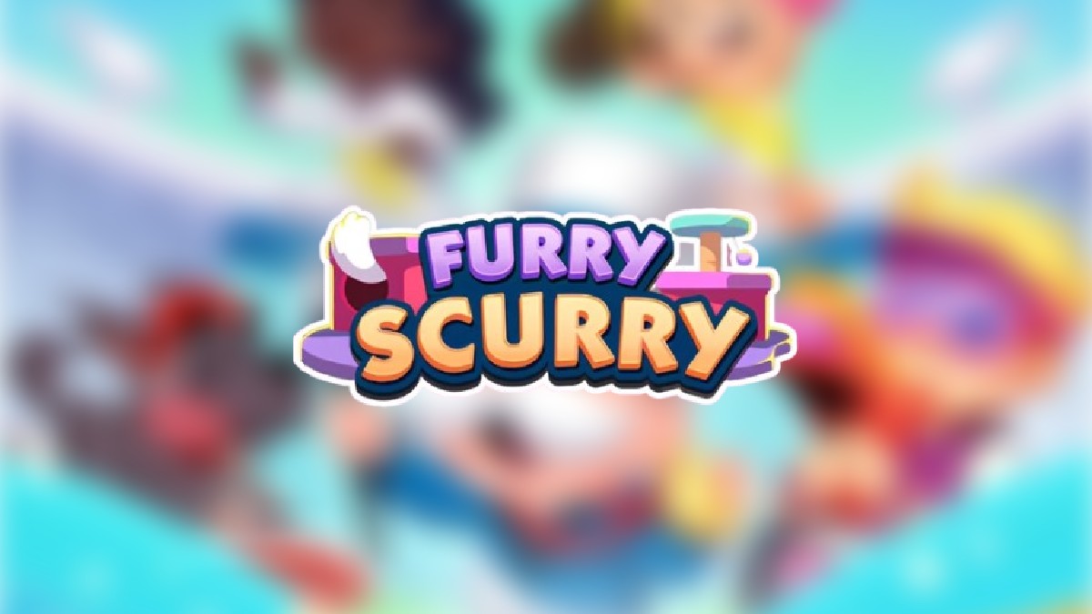 The Furry Scurry Monopoly GO logo on top of a blurred Monopoly GO background in an article detailing how to claim all of the rewards and milestones during this tournament