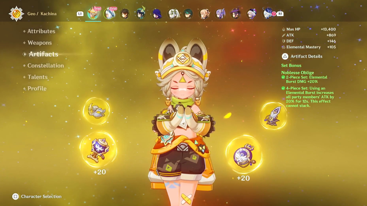 Kachina holds her hands together as four artifacts float around her in the Artifacts menu in Genshin Impact