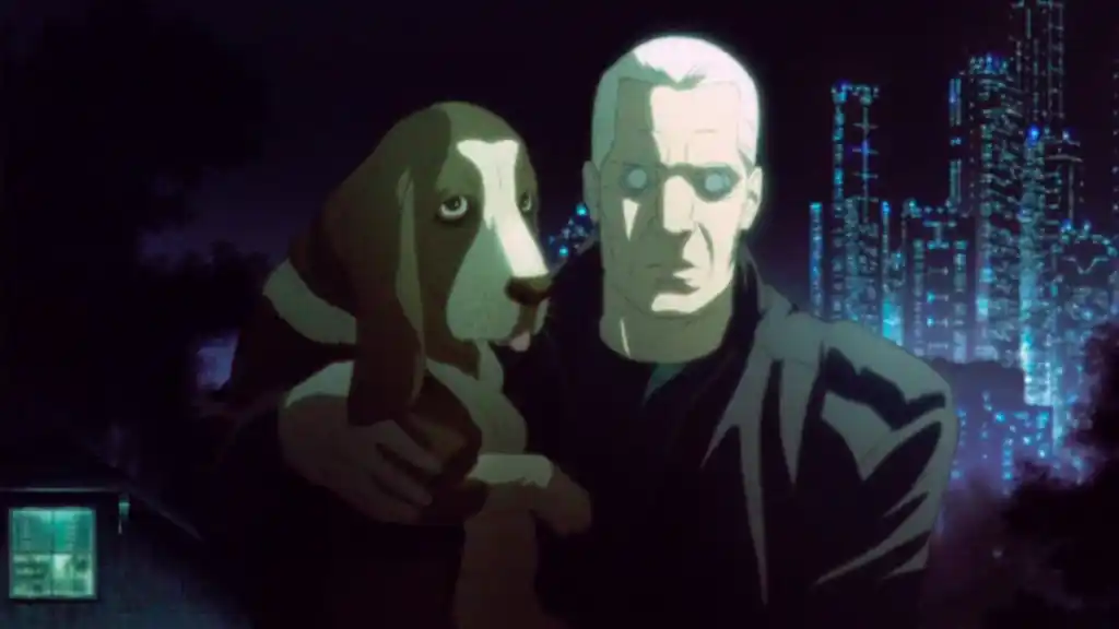 A screenshot from Ghost in the Shell 2, featuring a man and a dog against a cityscape at night