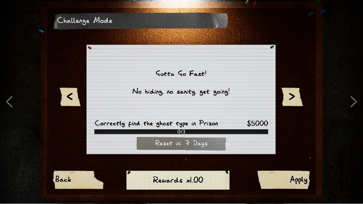 A bulletin board in Phasmophobia showing Challenge Mode with a notecard saying "It has to be quick!" 