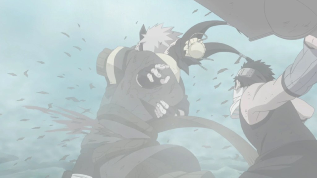 Haku jumps in as Kakashi strikes Zabuza