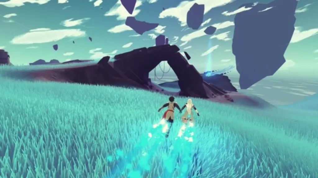 Screenshot from Haven, showing the two characters holding hands and running through a field