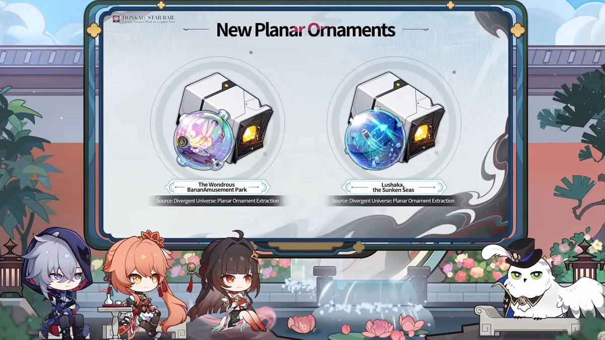 Image of several characters in Honkai Star Rail sitting down with the New Planar Ornaments screen imposed over them 